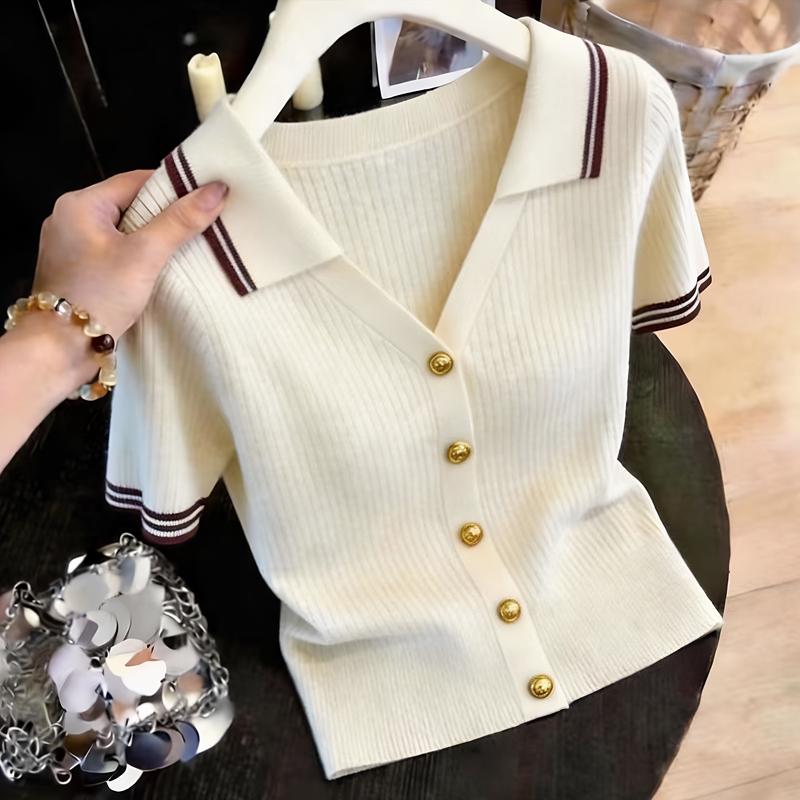 Plus Size Women's Turn-Down Collar Short-Sleeve Knit T-Shirt, New French Style for Summer 2026, Slimming and Versatile Cardigan
