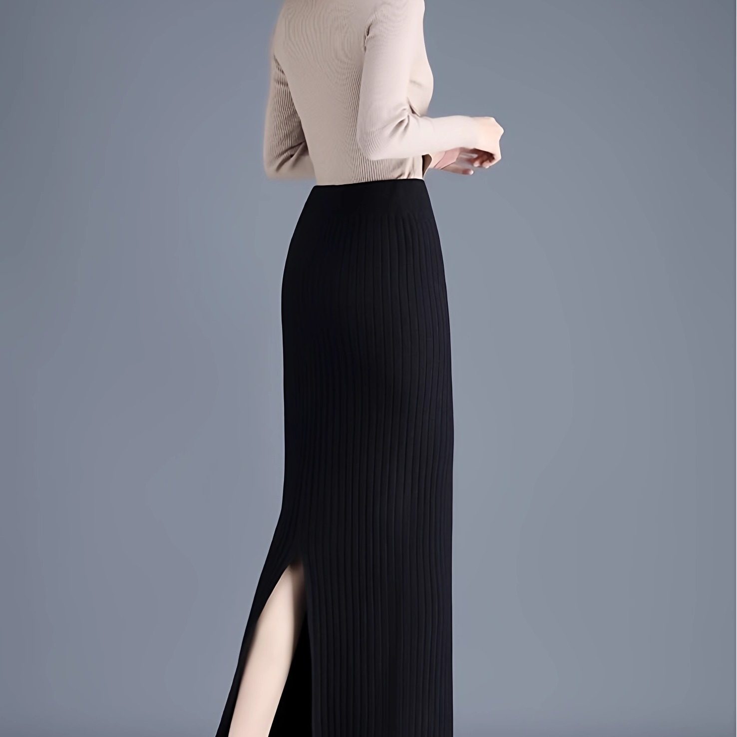 2026年新作 レディース 春秋 厚手ニットワンピーススカート、ハイウエストロングスカート、スリット入りペンシルスカート、スリム効果のあるウールスカート