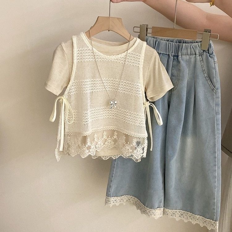 Girls' Summer Outfit 2026 New Style for Older Children, Trendy Hollow Lace Tank Top T-Shirt and Jeans Three-Piece Set Girls' Summer Outfit 2026 New Style for Older Children, Trendy Hollow Lace Tank Top T-Shirt and Jeans Three-Piece Set