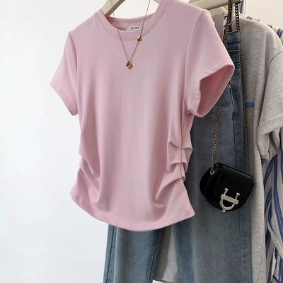 【多色可选】新款小蛮腰抽皱显瘦正肩棉T