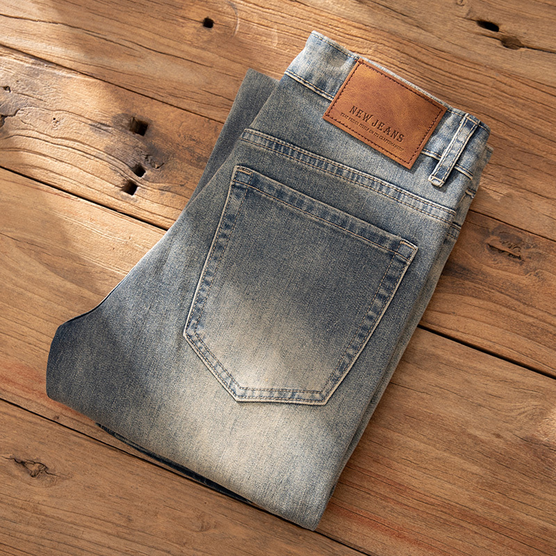 Hong Kong High-End Trendy Brand Retro Men's Fleece-Lined Jeans Spring and Summer Slim-Fit Cropped Pants Stretch Light Luxury Men's Style