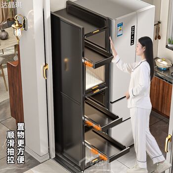 Pull-Out Kitchen Storage Rack with Doors, Gap Cabinet, Refrigerator Side Floor-Standing Microwave Oven Multifunctional Elevated Storage Cabinet, Bed Sheet Pull-Out Cart