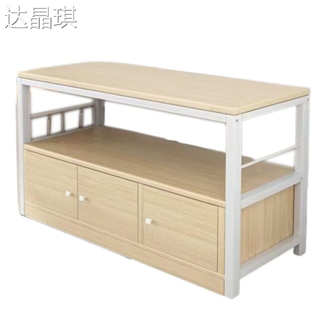Kitchen small long table household multi-layer table movable vegetable cutting table double-layer wooden table simple rectangular multi-functional table bed sheet pull cart