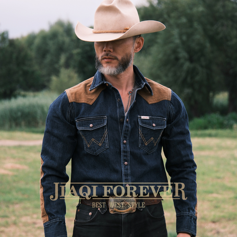 American Retro 13.5oz Mole Skin Patchwork Silver Ear Narrow Denim Autumn Men's Western Shirt Amekaji American Retro 13.5oz Mole Skin Patchwork Silver Ear Narrow Denim Autumn Men's Western Shirt Amekaji