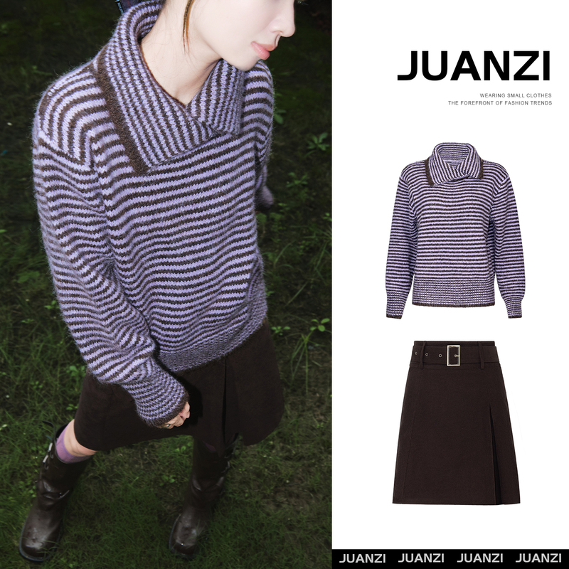 Juanzi Retro Purple and Brown Striped Lapel Sweater for Women, Autumn and Winter, Lazy and Loose, Color-Blocked Striped Knit Top