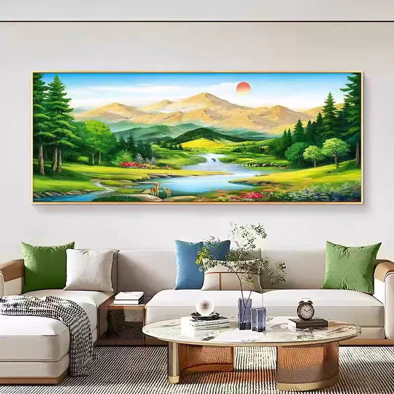 Sunrise Living Room Sofa Background Wall Decorative Painting, East Wall with Green Mountains and Rising Sun, Hanging Painting with a Treasure Bowl in the East