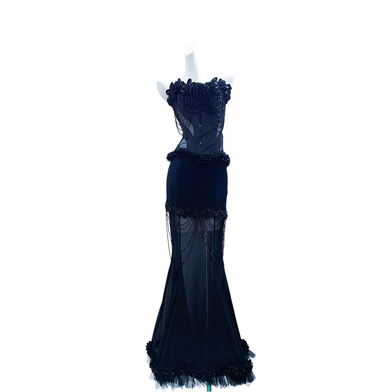 Gr Original Gothic Style Beaded Tube Top Long Dress with Three-Dimensional Floral Decoration, Palace-Style Dress, Feminine Sleeveless Evening Dress
