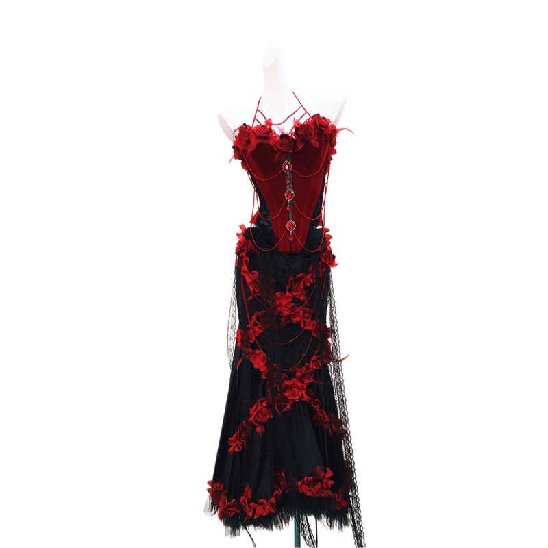 Gr Original Sexy Halter Neck Sleeveless Mid-Length Red and Black Contrasting Color Stereo Floral Gothic Style Evening Goddess Dress Gr Original Sexy Halter Neck Sleeveless Mid-Length Red and Black Contrasting Color Stereo Floral Gothic Style Evening Goddess Dress