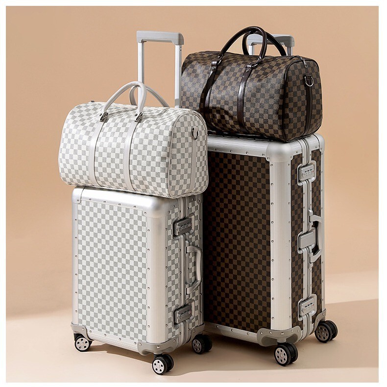 New All-Aluminum Magnesium Alloy Suitcase Metal Trolley Case 20inch Carry-On Suitcase Checkerboard Pattern Travel Suitcase Password Luggage