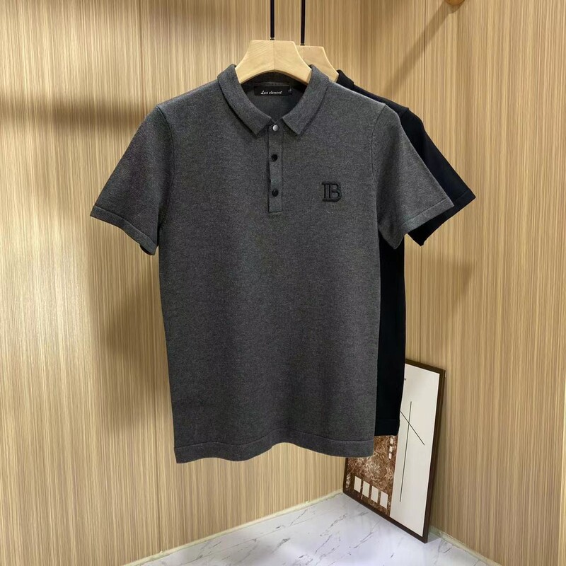 Men's Slim-Fit Short-Sleeve Knit Polo Shirt with Letter Embroidery, Collared Sweater, Trendy Half-Sleeve Top
