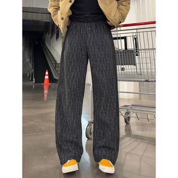 Black Tie-Dye Plaid Pants for Men, Autumn and Winter Heavy Fleece-Lined Curved Hem Sweatpants, Drapey, Non-Tight, Casual Flared Pants