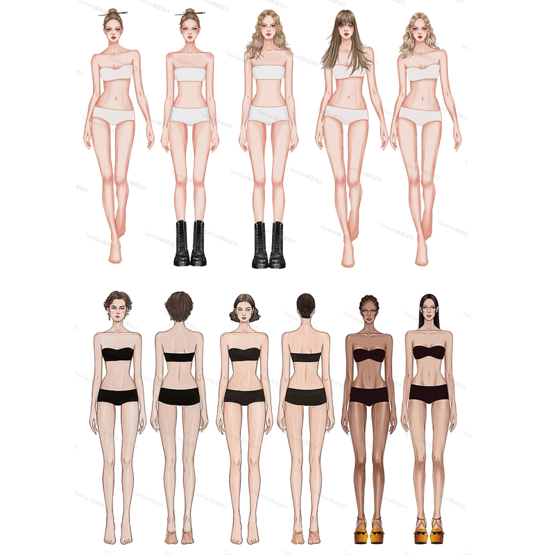 Hand-Drawn Clothing Design Renderings Model Procreate/Ps Background-Free Psd Free-Cutout Material Female Body Front and Back