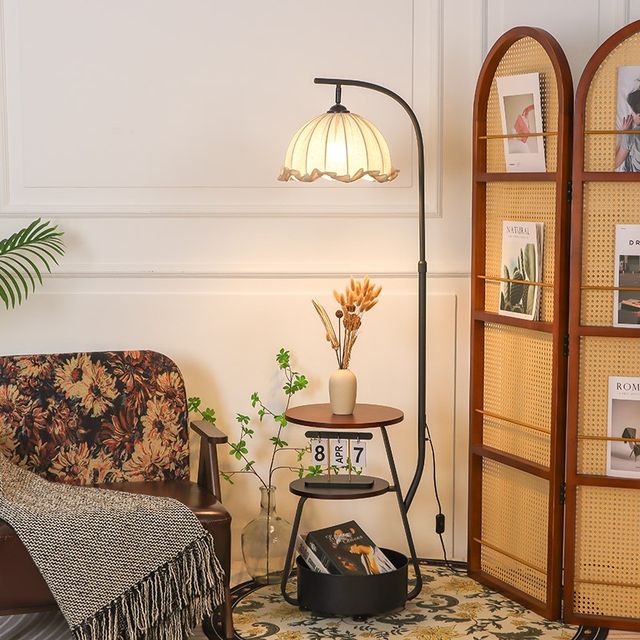 French mid-century style floor lamp living room sofa next to bedroom atmosphere retro shelf bedside counter lamp integrated