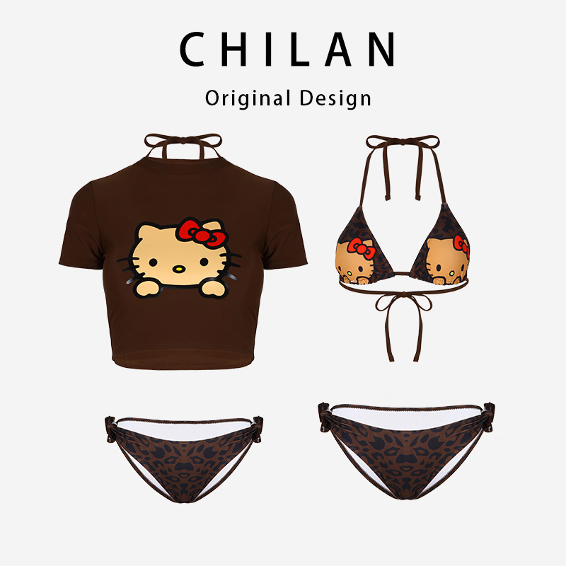 Chi Lan Three-Piece Bikini Set, Hot Girl Leopard Print Cartoon Sexy Temperament Split Swimsuit for Women, Hot Spring Vacation