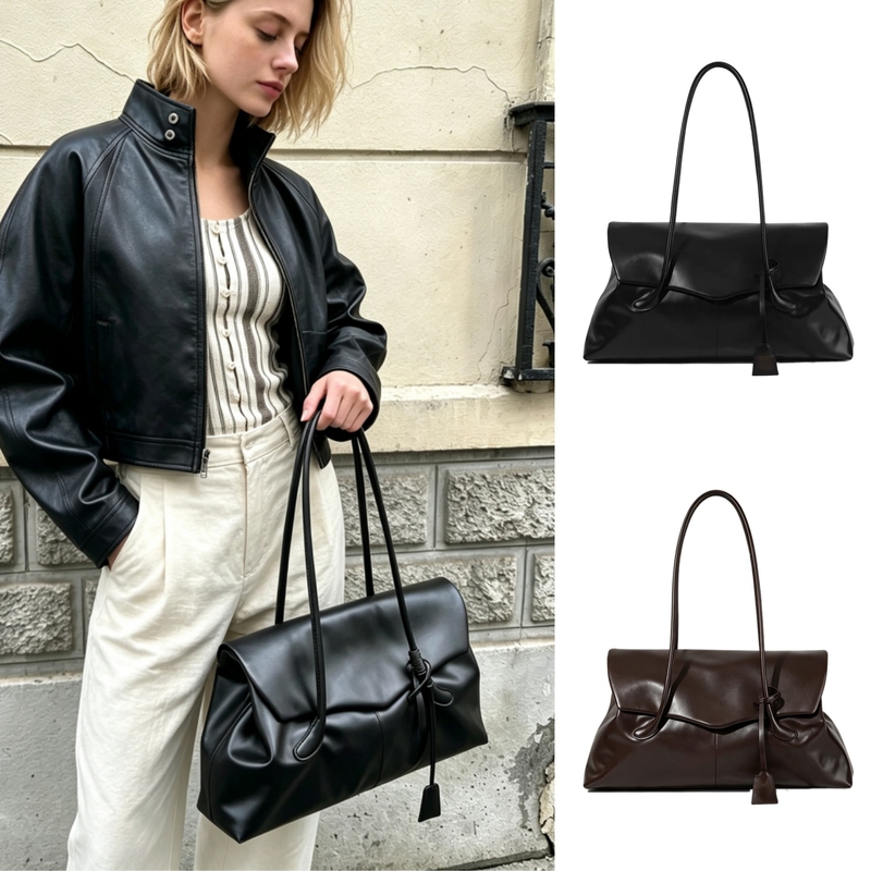 Korean Niche Flip-Top Bag Haricot First-Layer Cowhide Leather Shoulder Tote Briefcase Commuter Tote Genuine Leather Women's Bag Korean Niche Flip-Top Bag Haricot First-Layer Cowhide Leather Shoulder Tote Briefcase Commuter Tote Genuine Leather Women's Bag