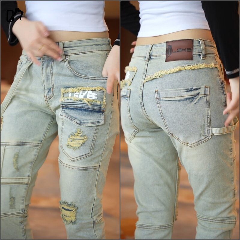 【Patchwork Style】Men's Motorcycle Pants Stretch Denim Trousers Slim Fit Trendy Versatile Retro Skinny Jeans for Men