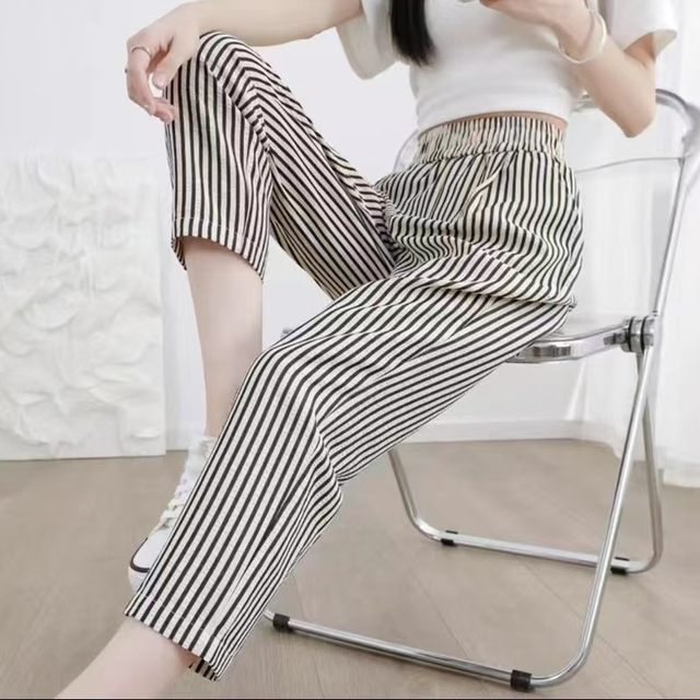 2025 spring and summer new fashionable and versatile meat covering display showing temperament Harun small feet striped pants