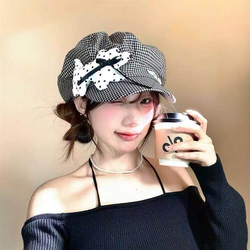かわいい水玉模様の子犬柄チェック柄ベレー帽（女性用、春夏用、薄手、顔痩せ効果あり、八角形、頭囲の大きい画家風帽子）。