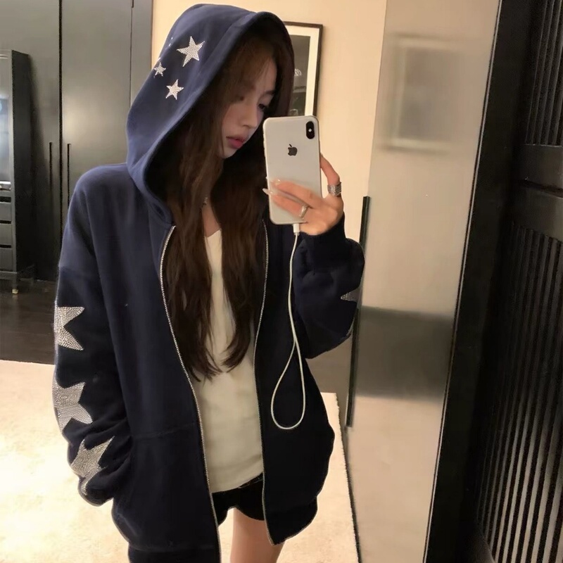 Wassupcleanfit High-End Rhinestone Star Hooded Cardigan Sweatshirt for Women, Autumn and Winter Couple's Sporty Style Jacket Wassupcleanfit High-End Rhinestone Star Hooded Cardigan Sweatshirt for Women, Autumn and Winter Couple's Sporty Style Jacket