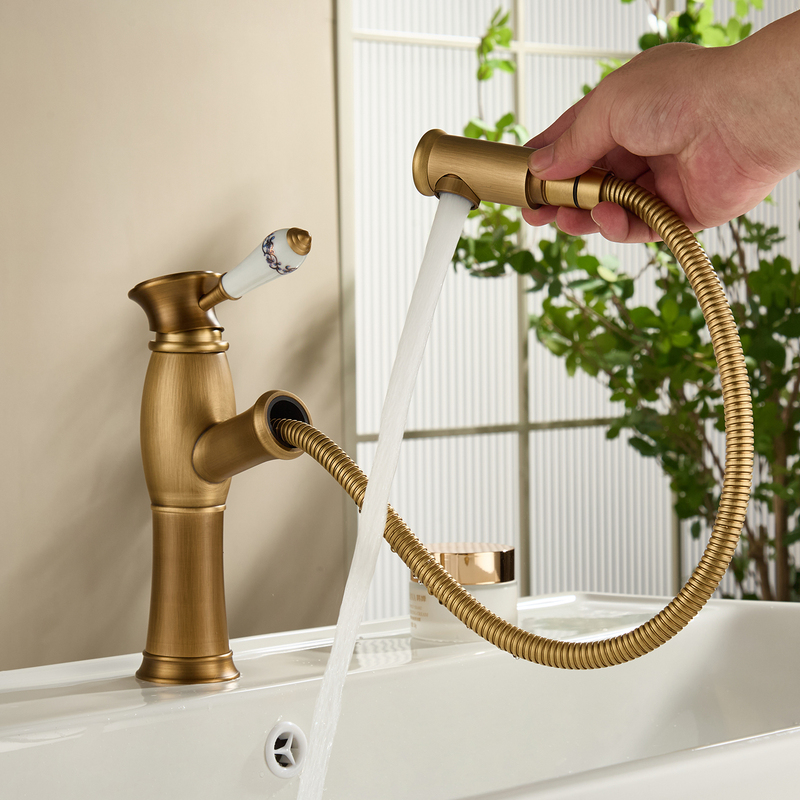 Antique-Style Pull-Out Faucet, All-Copper Bathroom Retro Washbasin Faucet, Hot and Cold