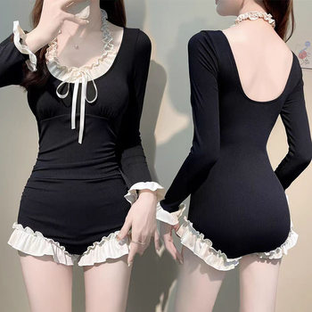 Women's Conservative Long-Sleeved Sun-Protective One-Piece Swimsuit with Boyshorts, Tummy-Covering, Slimming, Sexy Backless, Vintage Hot Spring Special