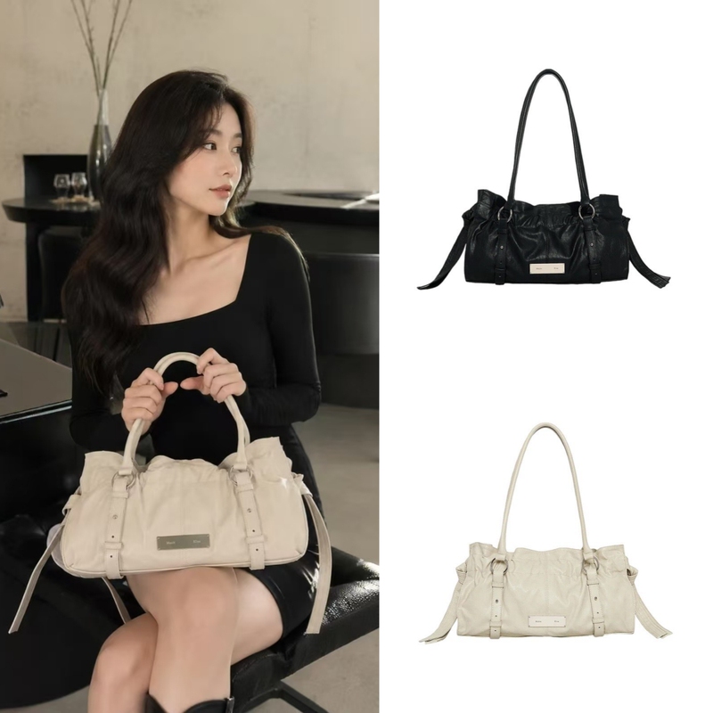 Korean Matin Kim Bag for Women 2026 New Niche Pleated Drawstring Buckle Single Shoulder Handbag Baguette Bag Underarm Bag