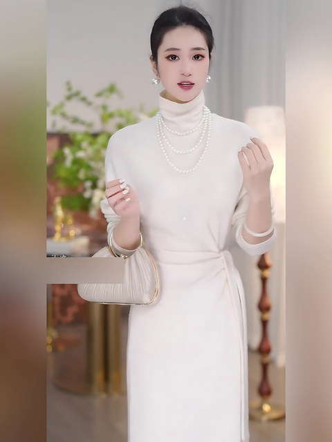 Mijie 2026 Spring Mature and Elegant Style High-Neck Long-Sleeve Dress for Women, White Waist-Cinching Tie Slimming Long Dress