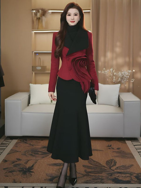 Mijie 2025 new autumn and winter women's clothing fashionable and elegant red rose top fishtail skirt waist slimming suit