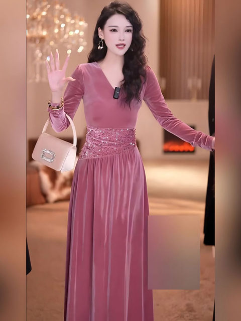 Mijinge Mature Style V-Neck Velvet Dress for Women, Waist-Cinching, Slimming, Stylish A-Line Dress, Fitted Long Dress, Elegant Women's Clothing