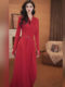 Mijie French-Style Elegant Red V-Neck Long-Sleeve Dress for Women, Waist-Cinching, Slimming, Mature Style A-Line Retro Long Dress