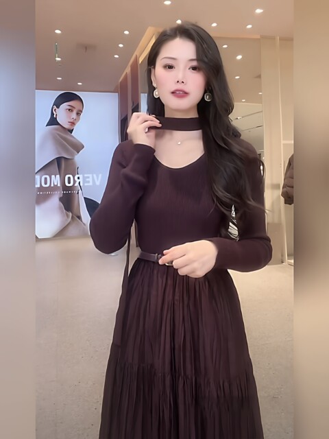 Mijie 2025 new winter style light luxury style long-sleeved dress women's waist slimming elegant high-end long dress for ladies