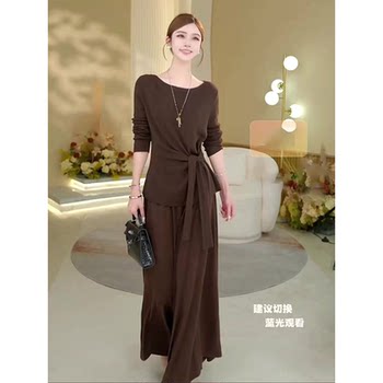 Mijie 2025 Autumn/Winter New Maillard Style Tie-Waist Suit for Women, High-End Slimming and Elegant Coffee-Colored Two-Piece Skirt Set