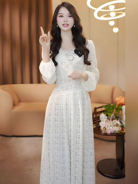 Mijiefa Autumn and Winter New Style Romantic White Lace Dress Women's Long-Sleeved Elegant Temperament Slimming Long Dress