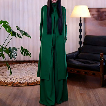 Mijie's New High-End Minimalist Green Vest and Wide-Leg Pants Set for Women, Autumn and Winter, Elegant Old Money Style Two-Piece Set