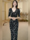 Mijie 2025 Autumn New Fashionable Black V-Neck Printed Slit Dress for Women, Elegant and Slimming Long Dress