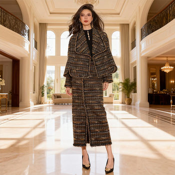 Mijie's New French-Style Coffee-Colored Tweed Suit for Women, Autumn and Winter Elegant Plaid Coat and Skirt Two-Piece Set