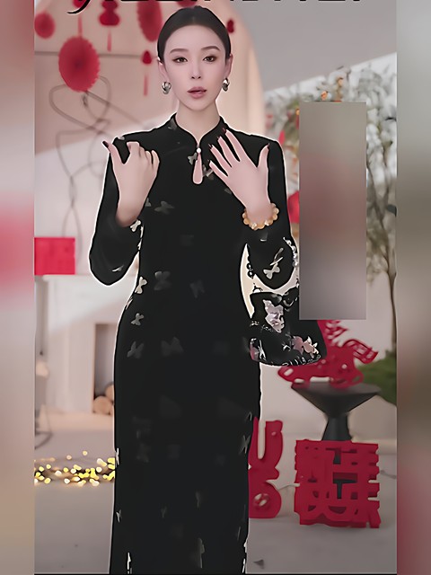 Mijie 2026 Spring New Chinese Style Black Dress for Women, Long Sleeve Stand Collar, Buttoned Velvet Printed Qipao Dress, Elegant