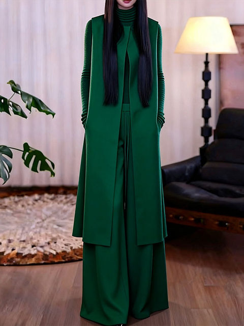 Mijie's new high-end simple style green vest wide-leg pants suit for women autumn and winter temperament old money style two-piece set