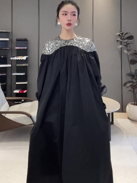 Mijie 2025 New Black Elegant and Slimming Dress for Women, Suitable for Daily Wear and Commuting, Loose and Versatile Long Dress