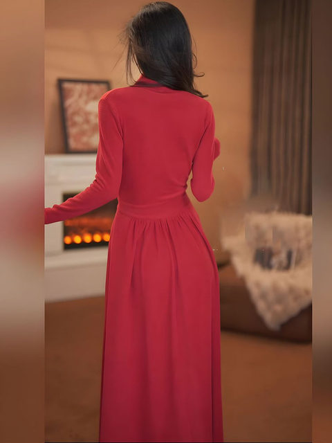 Mijie ladylike style V-neck red dress women's long-sleeved waist slimming slim high-end new long dress with a sense of atmosphere