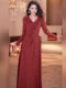 Yijie's Gentle and Elegant V-Neck Ruffled Orange-Red Lace Dress for Women, Slimming, Classy, and Age-Reducing Long Dress