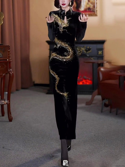 Mijie 2025 New Chinese-Style Improved Cheongsam with a Goddess-Like Temperament, Light Luxury and High-End Feel, Black Hand-Painted Dress