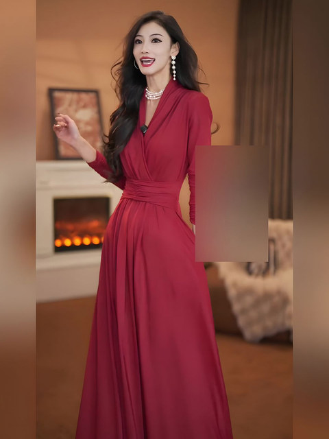 Mijie 2025 new autumn French fashion retro red V-neck long-sleeved dress women's waist slimming long skirt