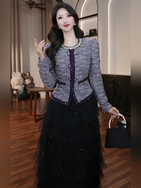 Mijie 2025 Chanel-Style Mesh Dress for Women with Sequins, Faux Two-Piece, Slimming Layered Dress, High-End Elegant Long Dress