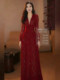 Mijie 2026 Spring Vintage Red Lace Dress for Women V-Neck Waist-Cinching Slimming Long Dress High-End Elegant Dress