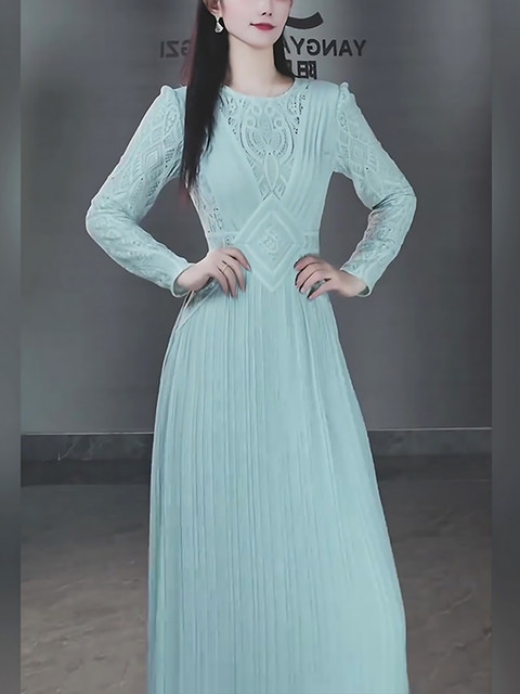 Mijie's 2025 Autumn New Stylish Blue Hollow-Out Round-Neck Dress for Women, Elegant and Slimming Mid-Length Dress