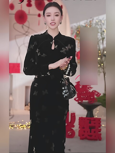 Mijie 2026 Spring New Chinese Style Black Dress for Women, Long Sleeve Stand Collar, Buttoned Velvet Printed Qipao Dress, Elegant