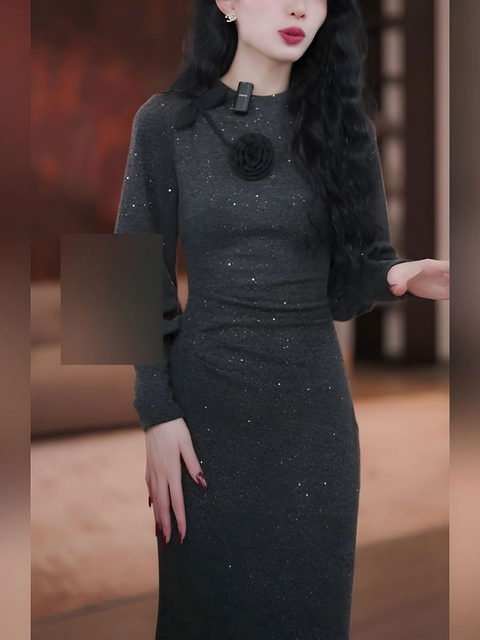 Mijie's New Autumn and Winter Minimalist Style Dark Gray Long-Sleeve Dress for Women, Elegant and Slimming, Waist-Cinching, Fitted Mermaid Long Dress