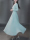 Mijie's 2025 Autumn New Stylish Blue Hollow-Out Round-Neck Dress for Women, Elegant and Slimming Mid-Length Dress