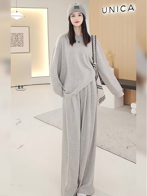 Mijie 2025 Autumn New Stylish and Youthful Gray Casual Suit for Women, Fashionable and Loose-Fitting, Slimming Two-Piece Set